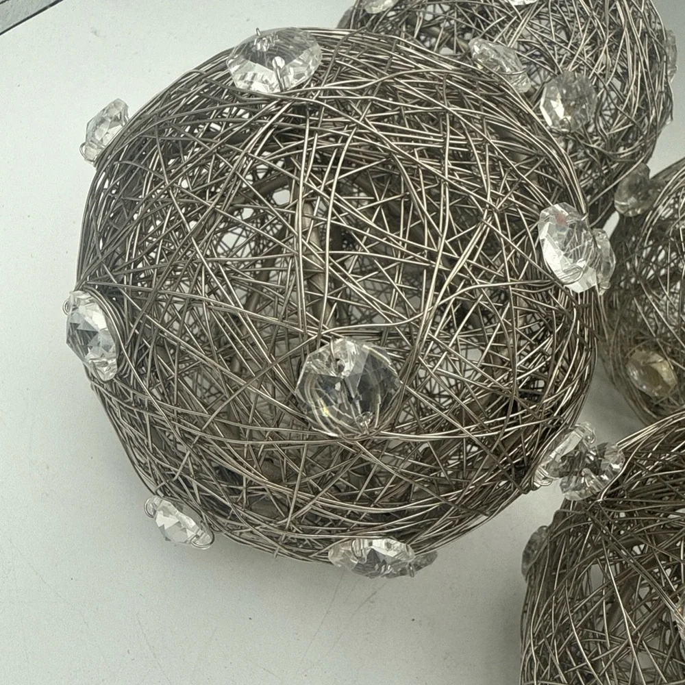 4 Pier 1 One Wrapped Silver Color Metal Wire Orbs Spheres w/ Acrylic Gems 6”